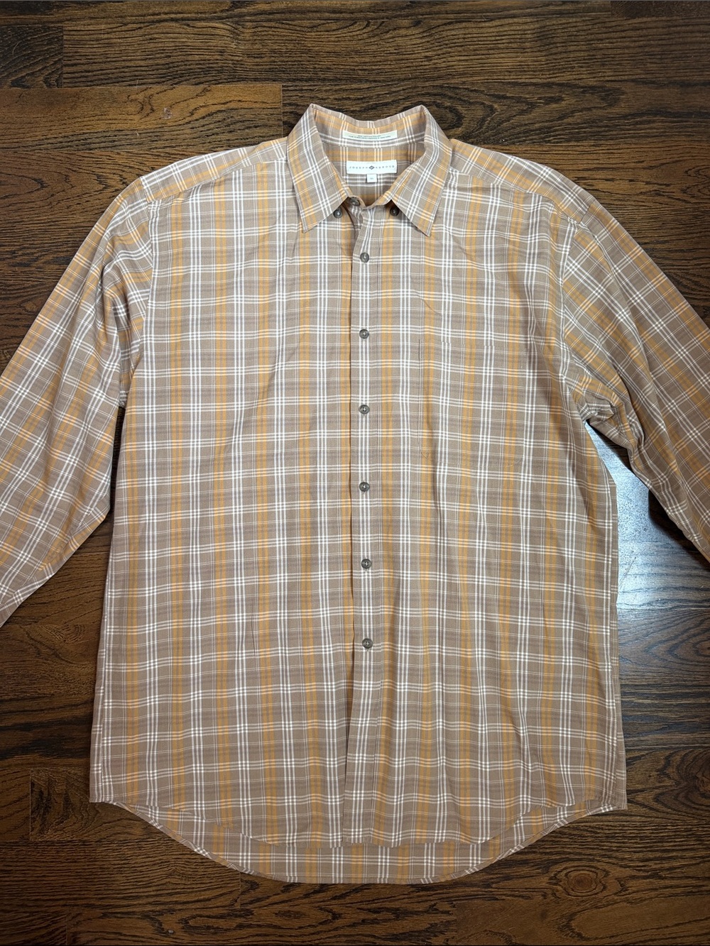 Joseph Abboud Button Down Tan Gold White Plaid Size X-Large